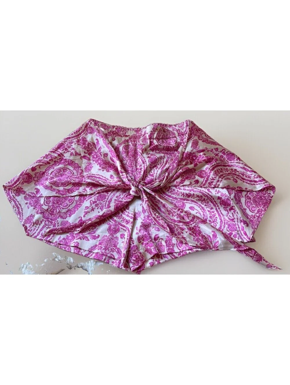 Lulus Satin Ivory Magenta Satin High-Waisted Boho Print Tie-Front Shorts X-Small